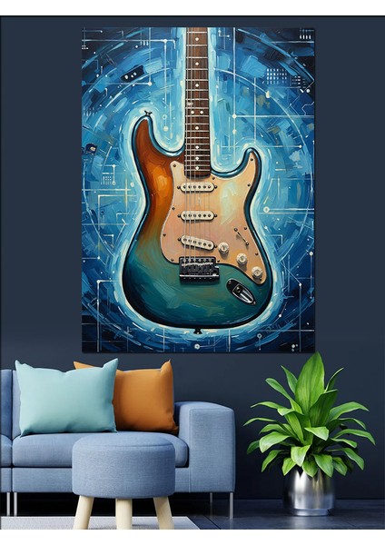 Elektro Gitar Mavi Boya Efekti Dekoratif Kanvas - Mdf Ahşap Tablo fiyatları