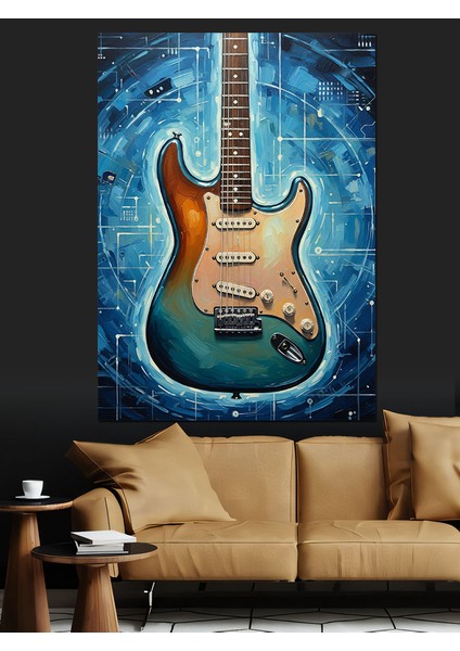 Elektro Gitar Mavi Boya Efekti Dekoratif Kanvas - Mdf Ahşap Tablo modelleri