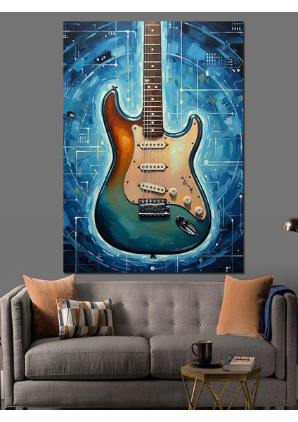 Elektro Gitar Mavi Boya Efekti Dekoratif Kanvas - Mdf Ahşap Tablo fırsatları