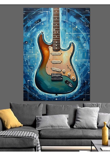 Elektro Gitar Mavi Boya Efekti Dekoratif Kanvas - Mdf Ahşap Tablo indirimleri