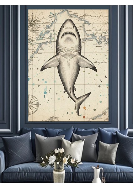 Köpekbalığı Haritası Illüstrasyon Dekoratif Kanvas - Mdf Ahşap Tablo fiyatları