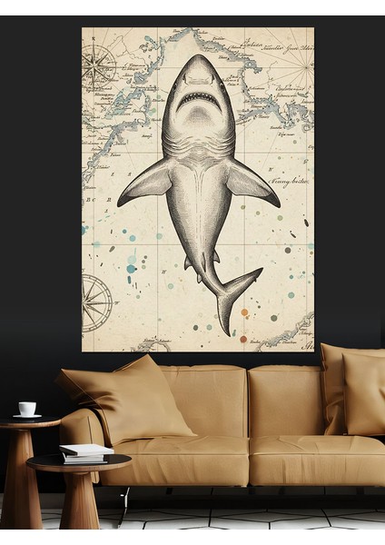 Köpekbalığı Haritası Illüstrasyon Dekoratif Kanvas - Mdf Ahşap Tablo fırsatları