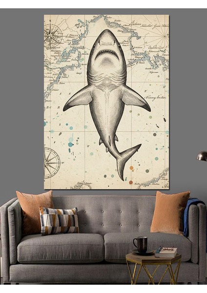Köpekbalığı Haritası Illüstrasyon Dekoratif Kanvas - Mdf Ahşap Tablo indirimleri
