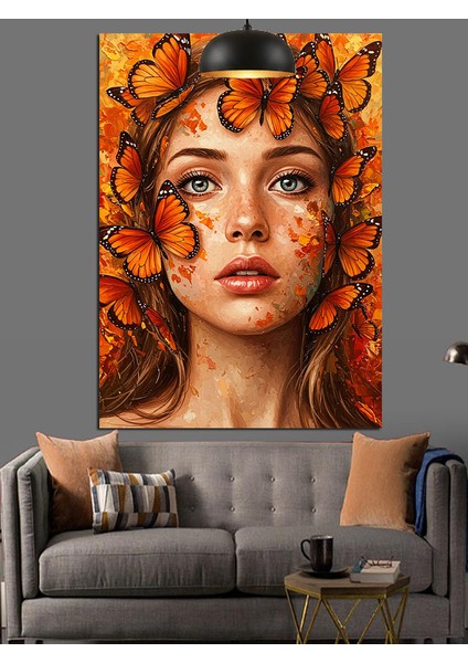 Kızıl Kelebek Saçlı Kadın Portresi Dekoratif Kanvas - Mdf Ahşap Tablo