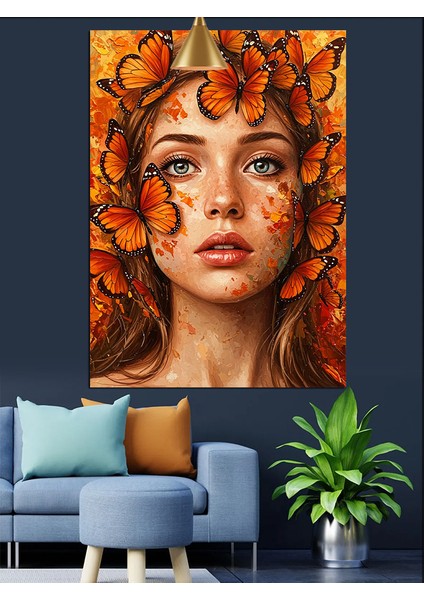 Kızıl Kelebek Saçlı Kadın Portresi Dekoratif Kanvas - Mdf Ahşap Tablo fiyatları