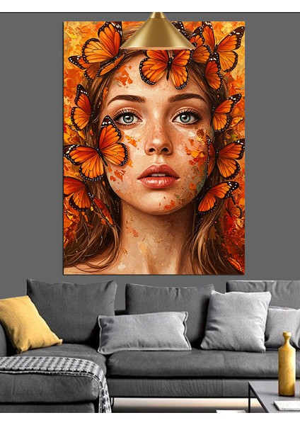 Kızıl Kelebek Saçlı Kadın Portresi Dekoratif Kanvas - Mdf Ahşap Tablo fırsatları