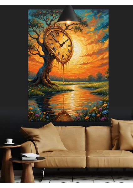 Günbatımında Ormandaki Saat Ağacı Dekoratif Kanvas - Mdf Ahşap Tablo