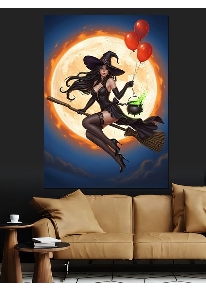 Süpürgeli Cadı Dolunay Dekoratif Kanvas - Mdf Ahşap Tablo