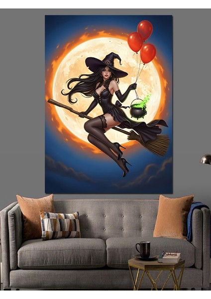 Süpürgeli Cadı Dolunay Dekoratif Kanvas - Mdf Ahşap Tablo fiyatları