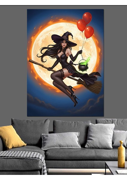Süpürgeli Cadı Dolunay Dekoratif Kanvas - Mdf Ahşap Tablo modelleri