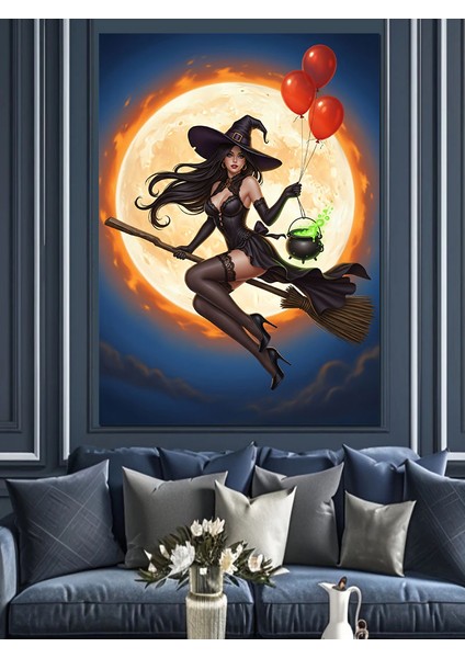 Süpürgeli Cadı Dolunay Dekoratif Kanvas - Mdf Ahşap Tablo fırsatları