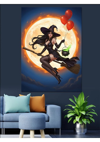 Süpürgeli Cadı Dolunay Dekoratif Kanvas - Mdf Ahşap Tablo indirimleri