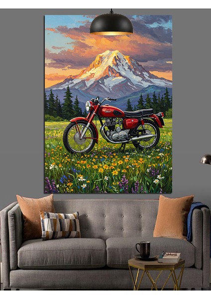 Kırmızı Motorsiklet Dağ Yeşil Doğa Dekoratif Kanvas - Mdf Ahşap Tablo