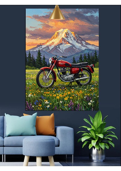 Kırmızı Motorsiklet Dağ Yeşil Doğa Dekoratif Kanvas - Mdf Ahşap Tablo fiyatları