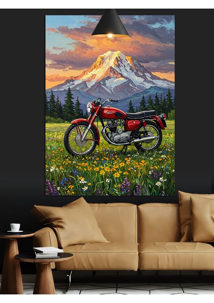 Kırmızı Motorsiklet Dağ Yeşil Doğa Dekoratif Kanvas - Mdf Ahşap Tablo modelleri