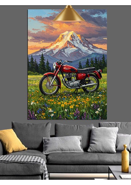 Kırmızı Motorsiklet Dağ Yeşil Doğa Dekoratif Kanvas - Mdf Ahşap Tablo fırsatları