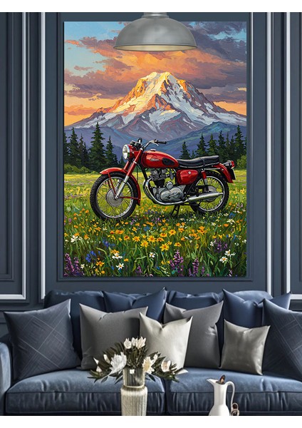 Kırmızı Motorsiklet Dağ Yeşil Doğa Dekoratif Kanvas - Mdf Ahşap Tablo indirimleri
