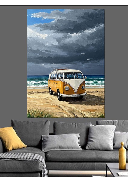 Denizde Klasik Sarı Araba Dekoratif Kanvas - Mdf Ahşap Tablo