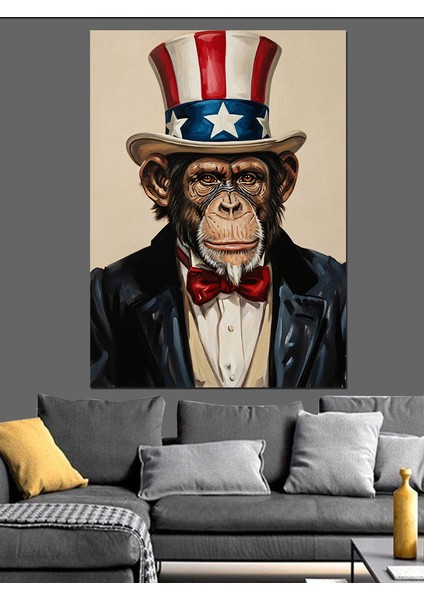 Silindir Şapkalı Maymun Politikacı Dekoratif Kanvas - Mdf Ahşap Tablo