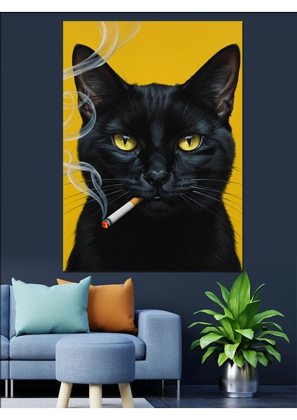 Sigara Içen Siyah Kedi Portresi Dekoratif Kanvas - Mdf Ahşap Tablo fiyatları