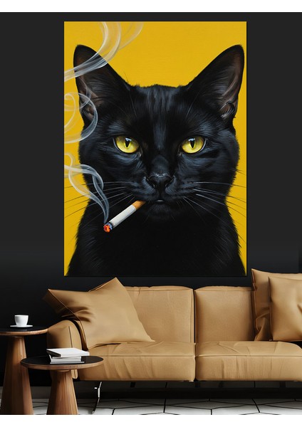 Sigara Içen Siyah Kedi Portresi Dekoratif Kanvas - Mdf Ahşap Tablo modelleri