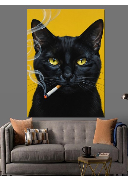 Sigara Içen Siyah Kedi Portresi Dekoratif Kanvas - Mdf Ahşap Tablo fırsatları