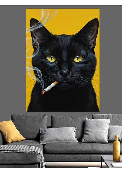 Sigara Içen Siyah Kedi Portresi Dekoratif Kanvas - Mdf Ahşap Tablo indirimleri