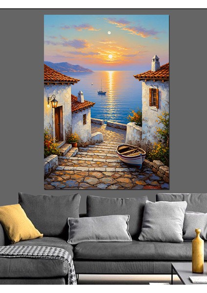 Beyaz Evler Kıyı Manzarası Dekoratif Kanvas - Mdf Ahşap Tablo