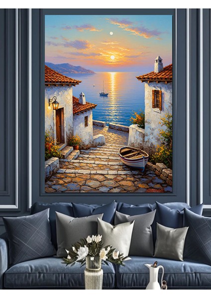 Beyaz Evler Kıyı Manzarası Dekoratif Kanvas - Mdf Ahşap Tablo fiyatları