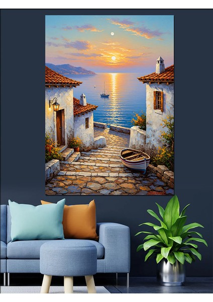 Beyaz Evler Kıyı Manzarası Dekoratif Kanvas - Mdf Ahşap Tablo modelleri