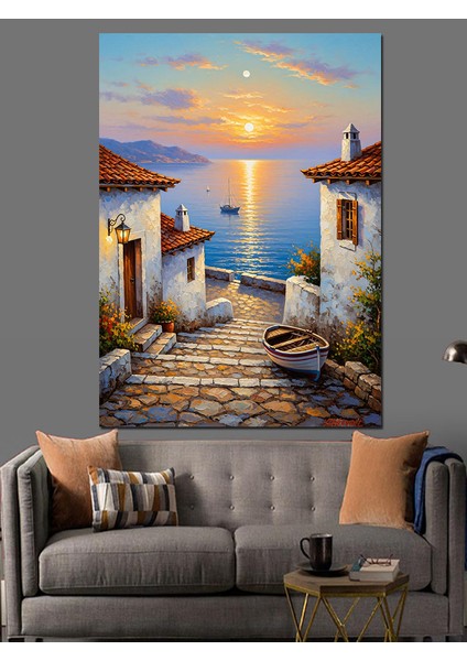 Beyaz Evler Kıyı Manzarası Dekoratif Kanvas - Mdf Ahşap Tablo indirimleri
