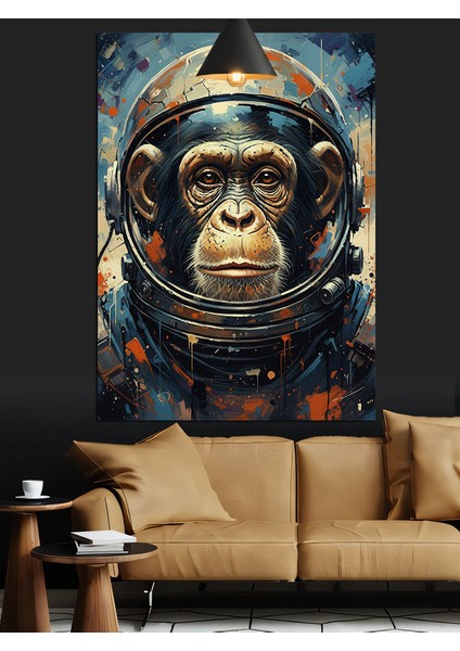 Astronot Şempanze Maymun Yüz Portresi Dekoratif Kanvas - Mdf Ahşap Tablo