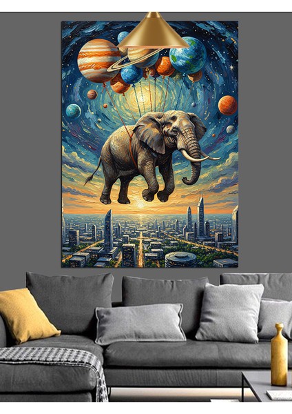 Gezegenlerle Uçan Filin Şehir Manzarası Dekoratif Kanvas - Mdf Ahşap Tablo