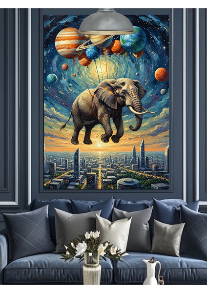 Gezegenlerle Uçan Filin Şehir Manzarası Dekoratif Kanvas - Mdf Ahşap Tablo fiyatları