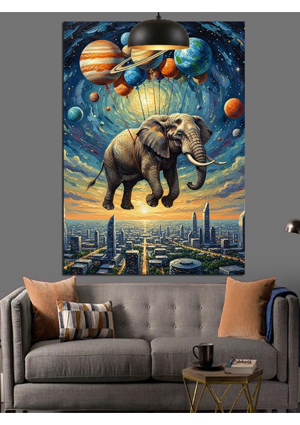 Gezegenlerle Uçan Filin Şehir Manzarası Dekoratif Kanvas - Mdf Ahşap Tablo modelleri