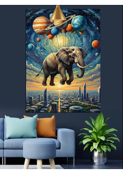 Gezegenlerle Uçan Filin Şehir Manzarası Dekoratif Kanvas - Mdf Ahşap Tablo fırsatları