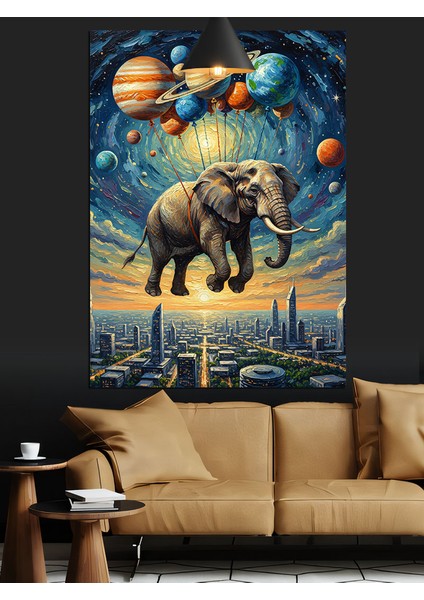 Gezegenlerle Uçan Filin Şehir Manzarası Dekoratif Kanvas - Mdf Ahşap Tablo indirimleri