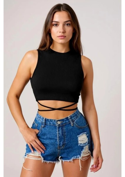 Kadın Siyah Çapraz Bağlamalı Crop Top Büstiyer – Modern ve Şık Tasarım