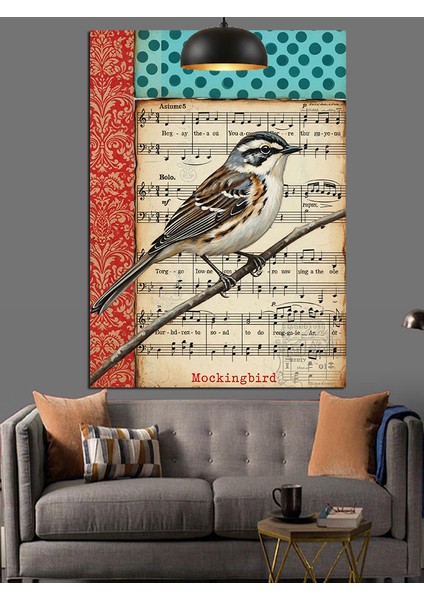 Daldaki Küçük Serçe Kuşu Solfej Kağıdı Renkl Dekoratif Kanvas - Mdf Ahşap Tablo
