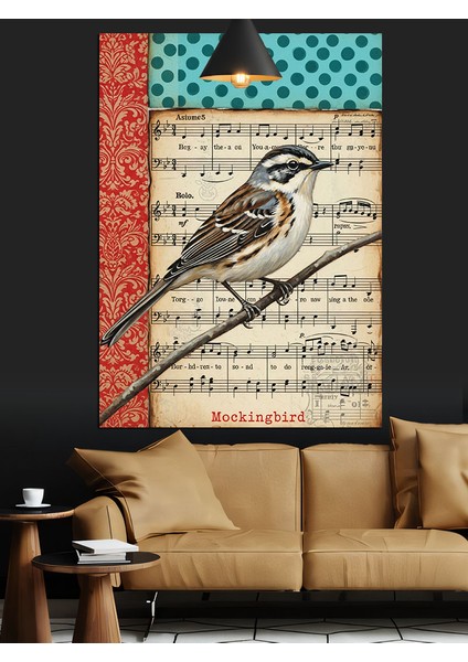 Daldaki Küçük Serçe Kuşu Solfej Kağıdı Renkl Dekoratif Kanvas - Mdf Ahşap Tablo modelleri