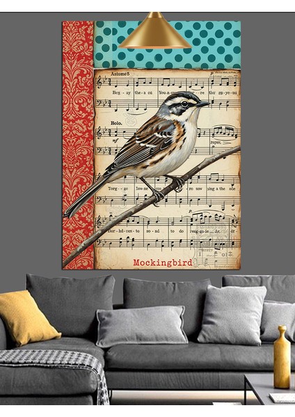 Daldaki Küçük Serçe Kuşu Solfej Kağıdı Renkl Dekoratif Kanvas - Mdf Ahşap Tablo fırsatları