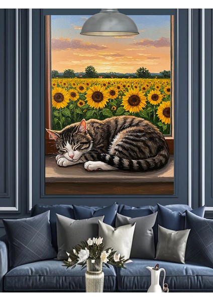 Ayçiçekleri Tarlası Manzarasında Uyuyan Kedi Dekoratif Kanvas - Mdf Ahşap Tablo