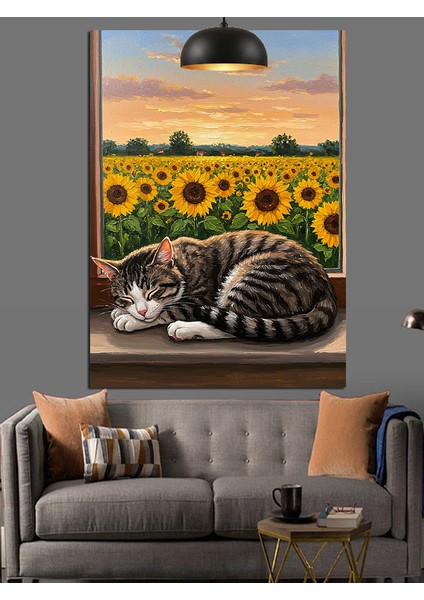 Ayçiçekleri Tarlası Manzarasında Uyuyan Kedi Dekoratif Kanvas - Mdf Ahşap Tablo fiyatları