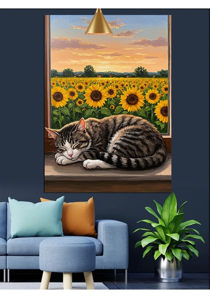 Ayçiçekleri Tarlası Manzarasında Uyuyan Kedi Dekoratif Kanvas - Mdf Ahşap Tablo modelleri