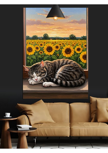 Ayçiçekleri Tarlası Manzarasında Uyuyan Kedi Dekoratif Kanvas - Mdf Ahşap Tablo fırsatları