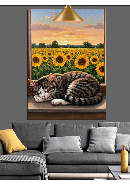 Ayçiçekleri Tarlası Manzarasında Uyuyan Kedi Dekoratif Kanvas - Mdf Ahşap Tablo indirimleri