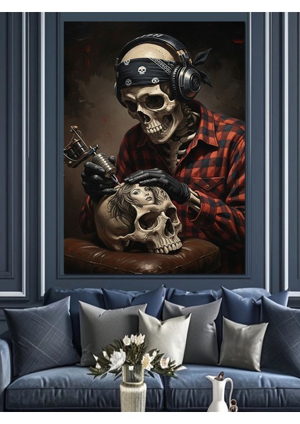 Dövmeci Iskelet Figürü Dekoratif Kanvas - Mdf Ahşap Tablo