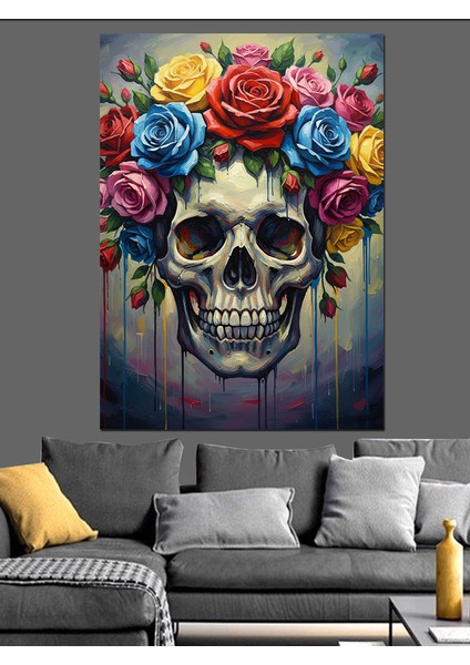 Çiçekli Kurukafa Gotik Sanat Dekoratif Kanvas - Mdf Ahşap Tablo fiyatları