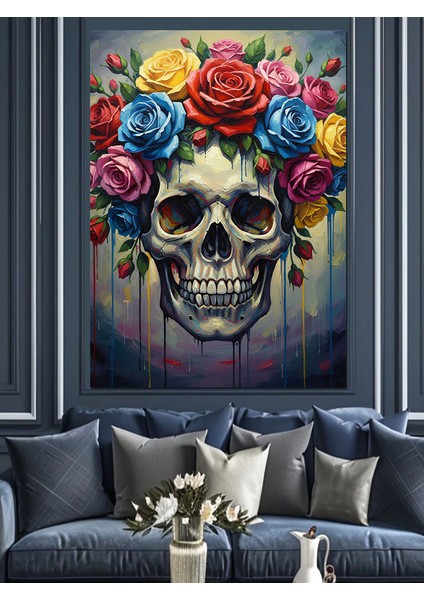 Çiçekli Kurukafa Gotik Sanat Dekoratif Kanvas - Mdf Ahşap Tablo modelleri