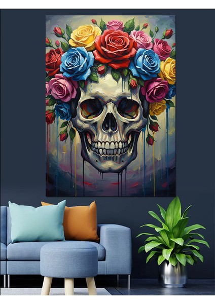 Çiçekli Kurukafa Gotik Sanat Dekoratif Kanvas - Mdf Ahşap Tablo fırsatları